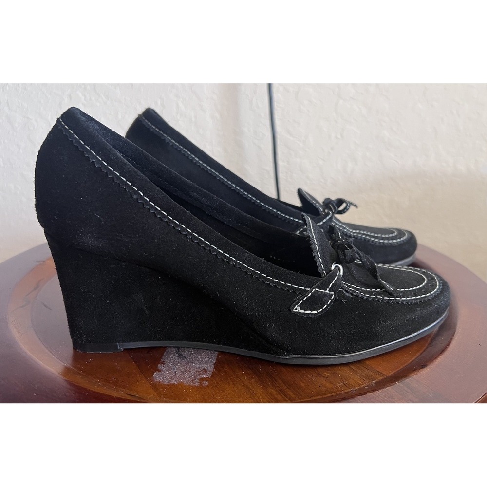 Vintage Suede 90s Y2K Chunky Platform Penny Loafers Black Flared Heel size 9.5